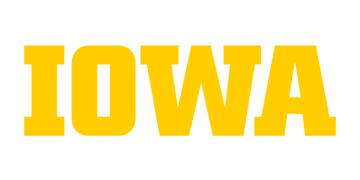 Die woord "IOWA" in vetgedrukte, geel hoofletters op 'n swart agtergrond.